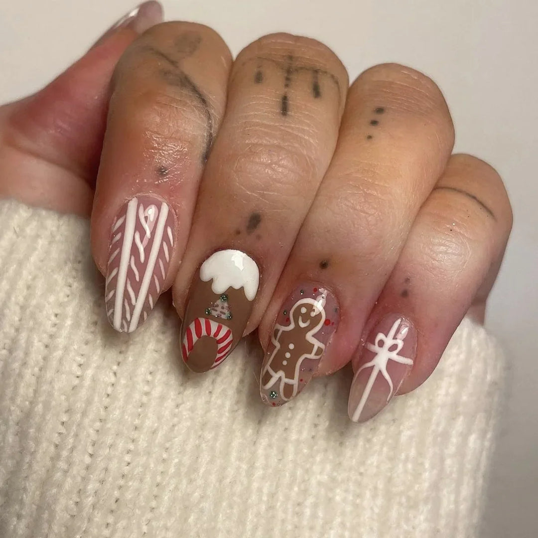 Rynx | Red Holly Brown Solid Color Christmas Nail Art Almond Shaped Artificial Nails Removable Pre-made Joints Press-On Nails with Glue
