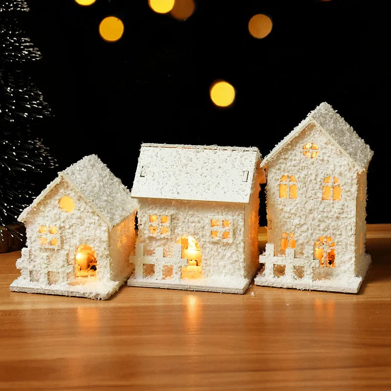 Rynx Christmas LED Light Wooden House with Snowflakes Glowing Cabin Christmas Decorations for Home Xmas Ornament New Year Gifts