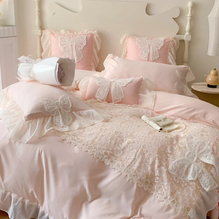 Rynx | Korean Princess Bedding Set Coquette Lace Bow Beauty Solid Color Lace Ruffle Comforter Sets Luxury Girls Wedding Duvet Cover