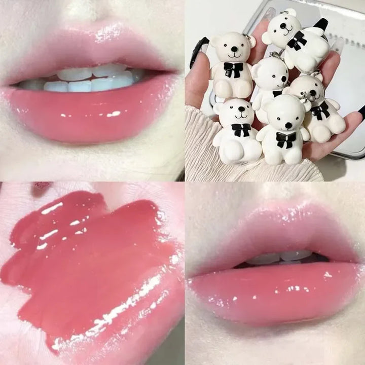 Rynx | Cute White Bear Keychain Glass Mirror Lipstick 6 Colors Sexy Jelly Red Liquid Lipsticks Waterproof Long-lasting Lip Lacquer Cosmetics