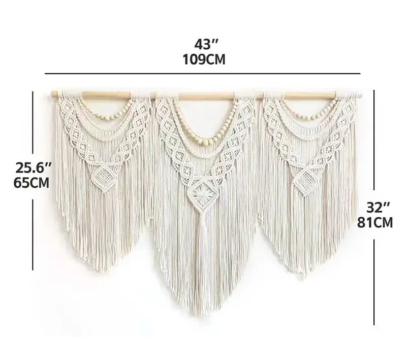 Rynx | Large Macrame Wall Tapestry Handcrafted Cotton Rope Tassel Pendant Wall Hanging Rug with Wooden Stick Handwoven Bohemia Tassel