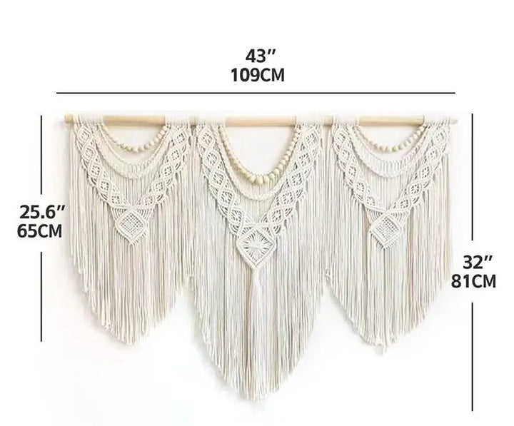 Rynx | Large Macrame Wall Tapestry Handcrafted Cotton Rope Tassel Pendant Wall Hanging Rug with Wooden Stick Handwoven Bohemia Tassel