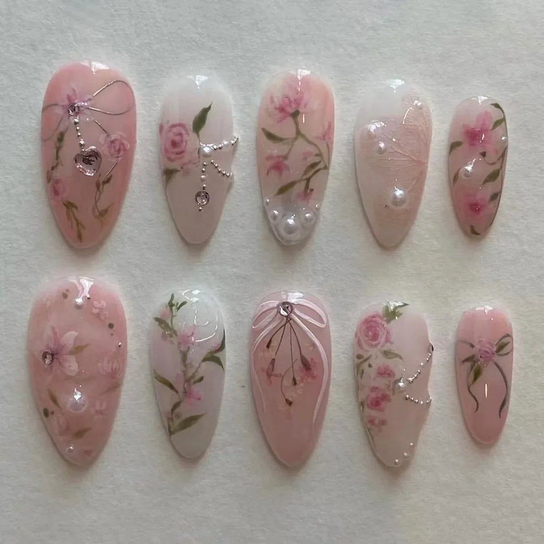 Rynx | Pink Rose Cherry Blossom Bow Hand-painted Pearl Rhinestone Artificial Nails Removable Ready-made Artificial Nails Press-on Nails with Glue