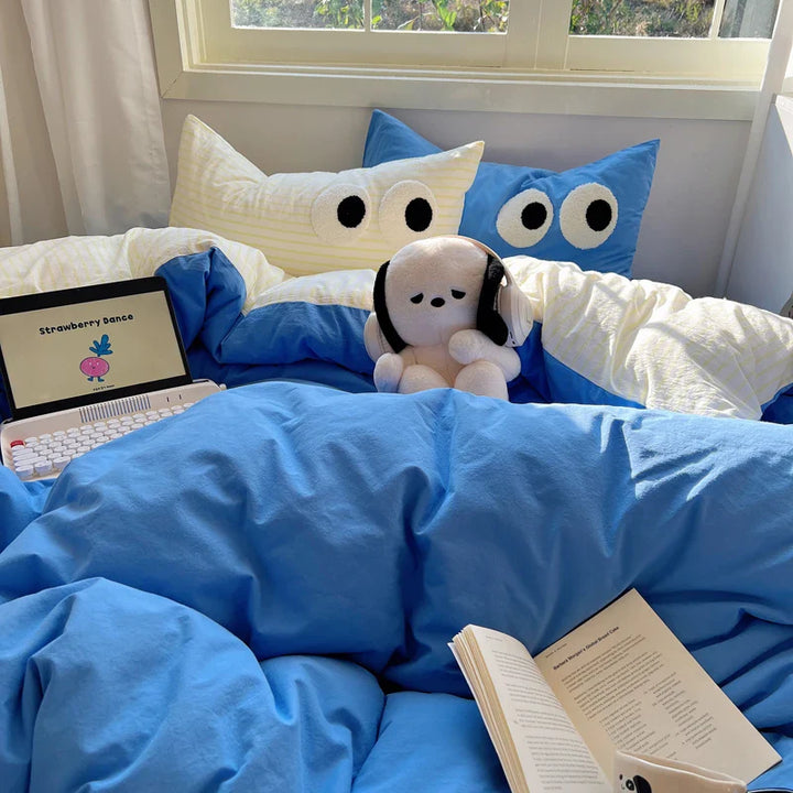 Rynx | In Black Big Eye Solid Color Bedding Set Girls Boys Flat Bed Sheet Blue Duvet Cover Pillowcase Washed Cotton Bedding Home Textiles