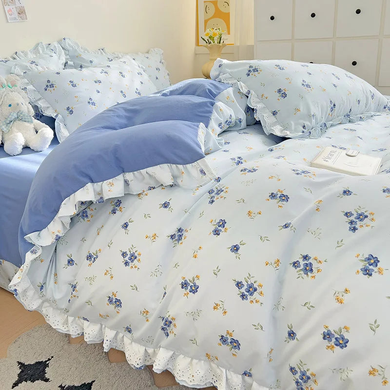 Rynx | In Style Floral Duvet Cover Set Flat Cover Pillowcases Without Filling Queen 200x230cm Romantic Girls Blue Bedding Flower Bedding