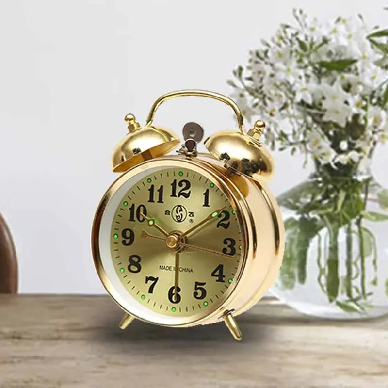 Rynx | Metal Mechanical Alarm Clock Creative Desk Nightstand Table Clock Alarm Bedroom Decoration Accessories Battery Operated