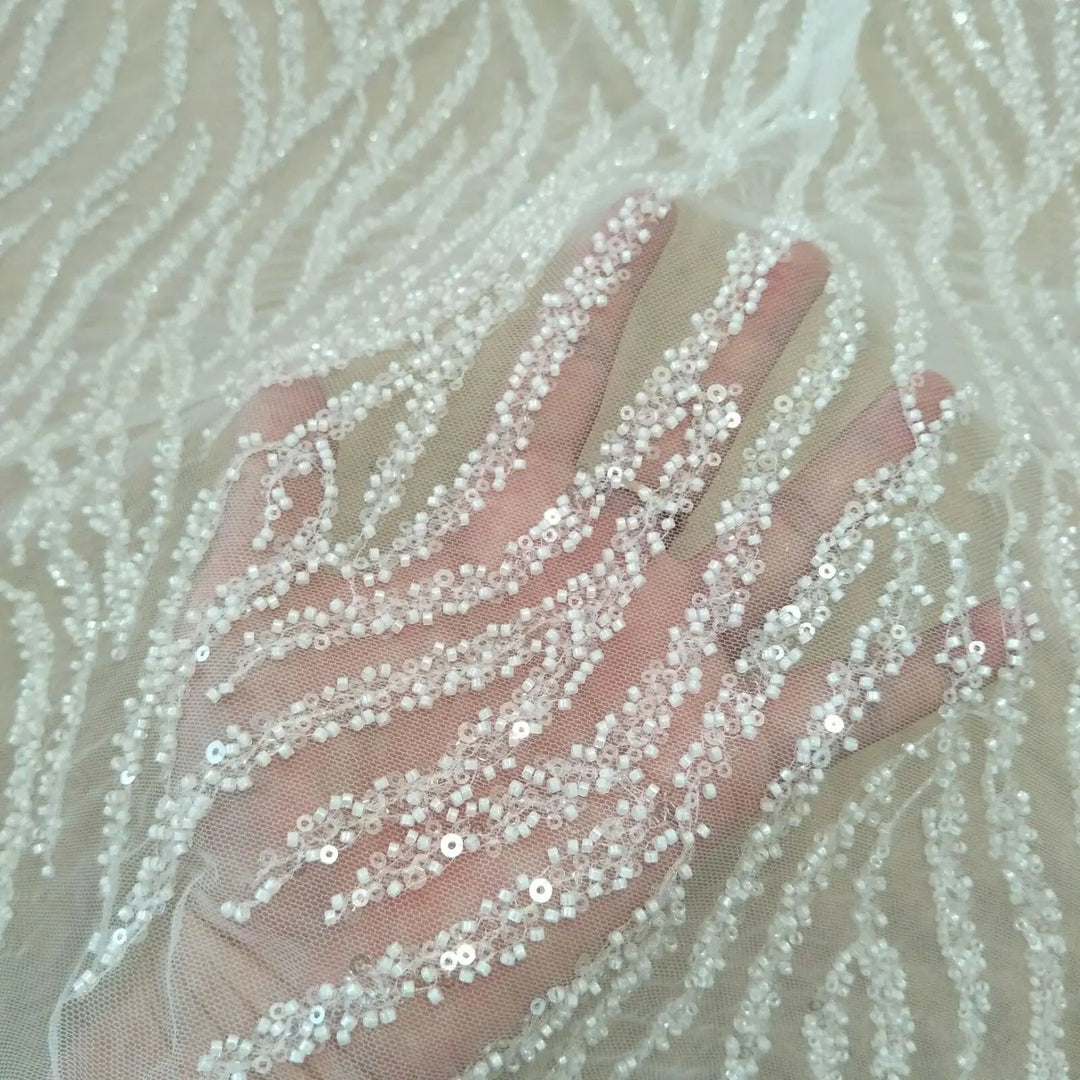 Lisslune | Luxurious Pearl Sequin Lace Fabric for Wedding Dresses - 130 cm Width, available per Yard