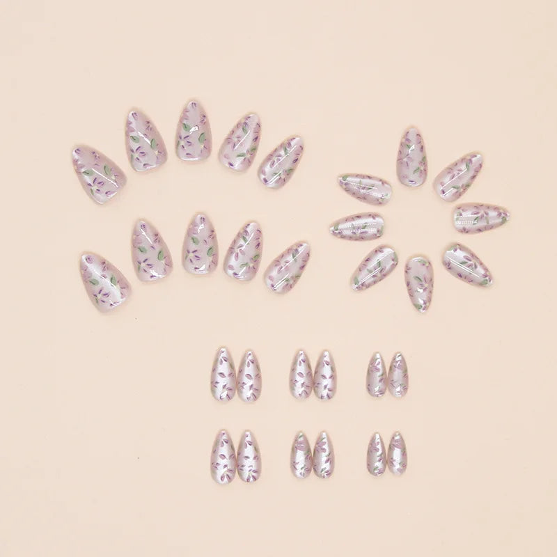 Rynx | 24 Pieces Purple Cat Eye Press-on Almond Nails with Delicate Floral Patterns Romantic False Fingernails for Women & Girls Elegance Wear