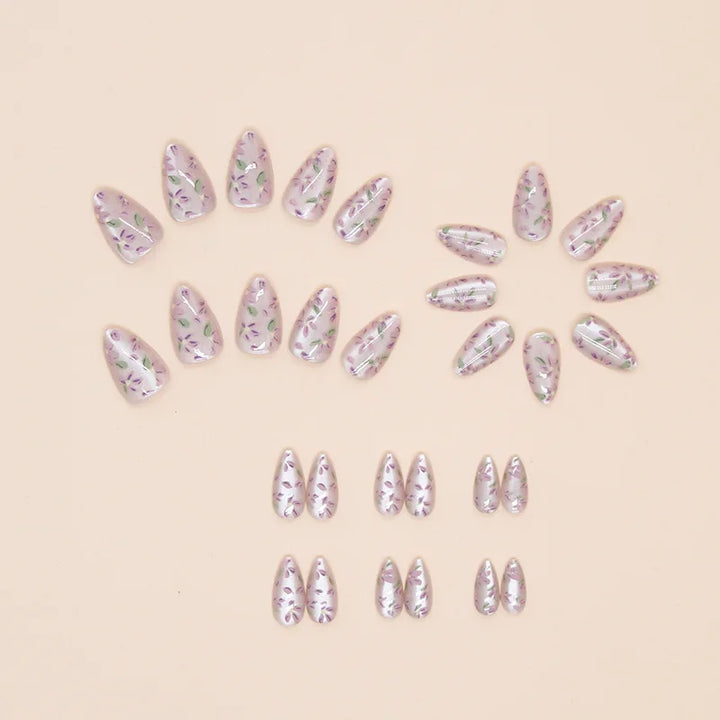 Rynx | 24 Pieces Purple Cat Eye Press-on Almond Nails with Delicate Floral Patterns Romantic False Fingernails for Women & Girls Elegance Wear