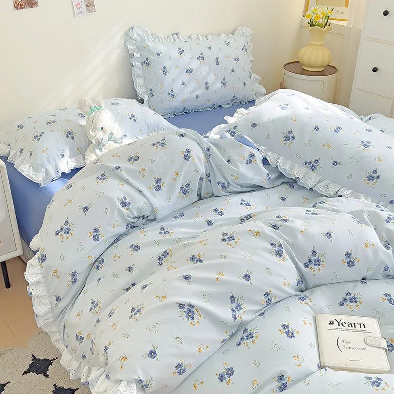 Rynx | In Style Floral Duvet Cover Set Flat Cover Pillowcases Without Filling Queen 200x230cm Romantic Girls Blue Bedding Flower Bedding