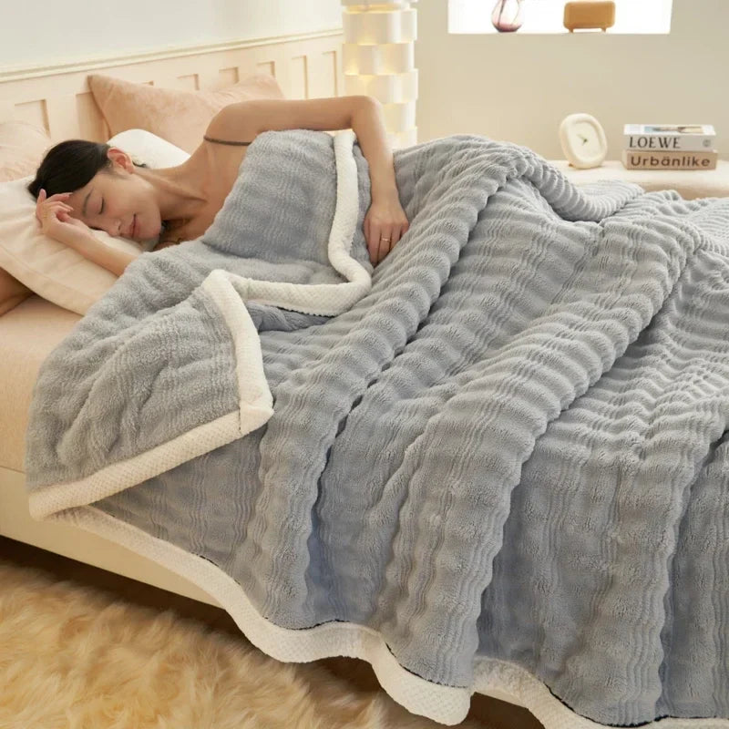 Rynx Artificial Rabbit Plush Autumn Winter Warm Blanket Striped Fluffy Warmth Sofa Blankets Soft Absorbent Breathable Nap Blanket