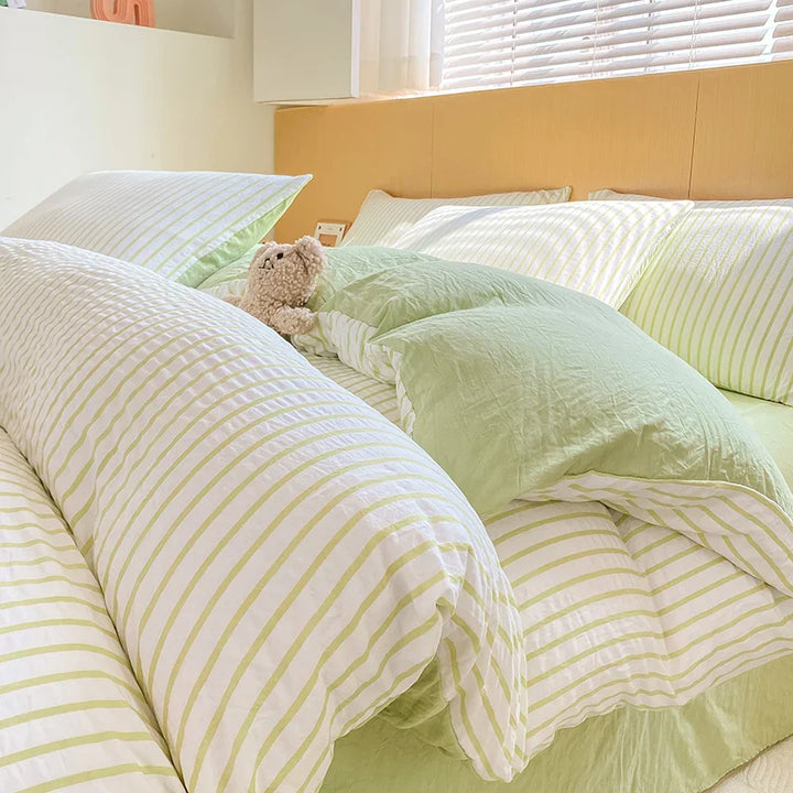 Rynx | Green striped duvet cover pillowcase and solid colored sheets in bedding set adult girl's bedding washed cotton bedding