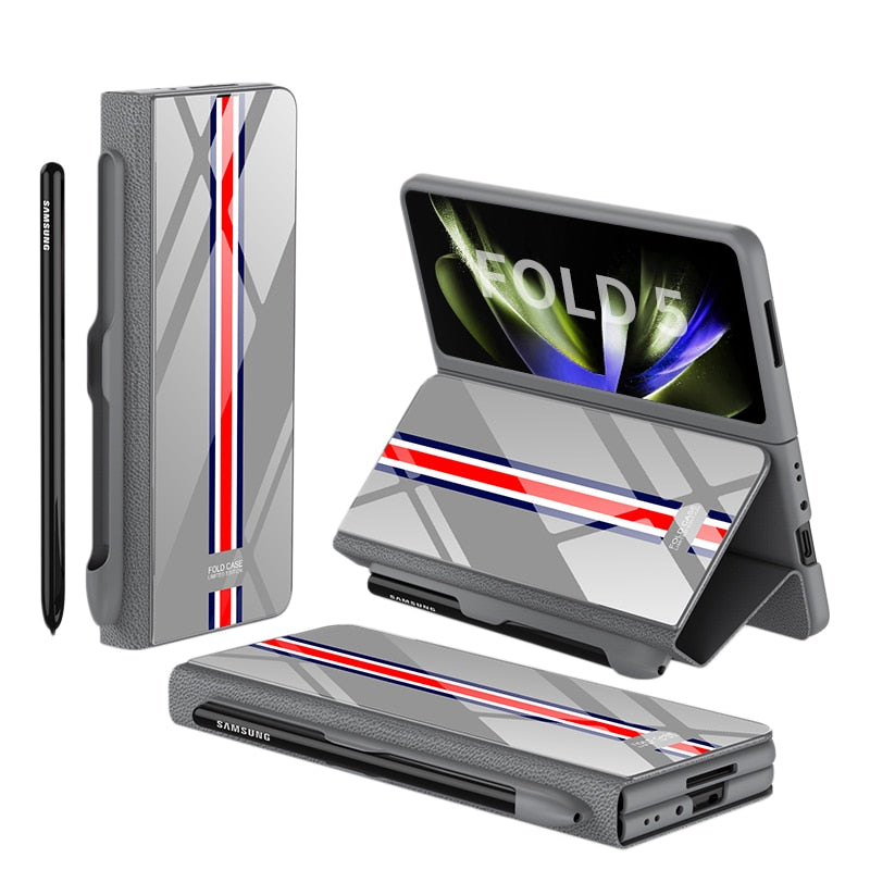 Lisslune | Shockproof Armor Case Glass Cover Stand Insert Card Leather Case for Samsung Galaxy Z Fold 5/4