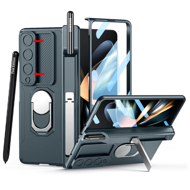 Lisslune | Luxury Case with S Pen Holder and Hinge Screen Protection Ring Stand Case for Samsung Galaxy Z Fold 5 Z Fold 4