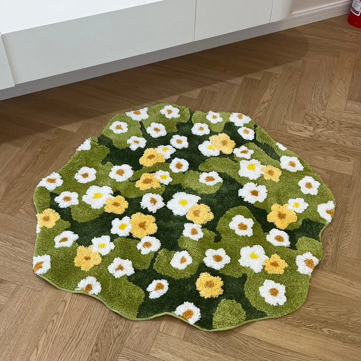 Rynx | Daisy Tufting Moss Bathroom Mat Soft Bedroom Carpet Meadow Green Plants Living Room Carpet Nightstand Floor Cushion Aesthetic Home Decoration