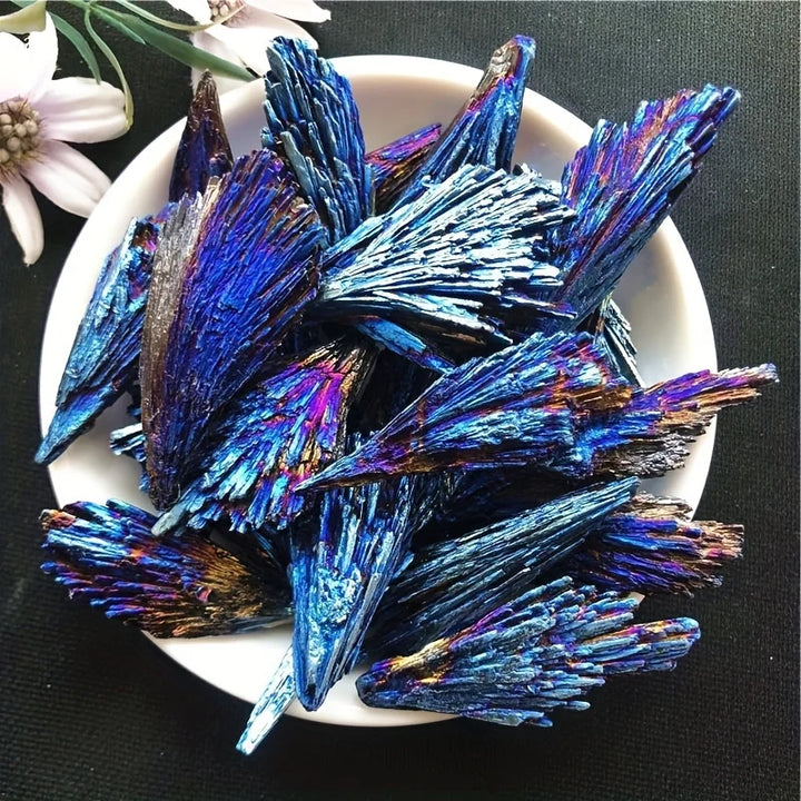 Rynx | Peacock Blue Tail Flame Feather Black Topaz Crystal Cluster-original Stone, Craft Galvanization Mineral Sample