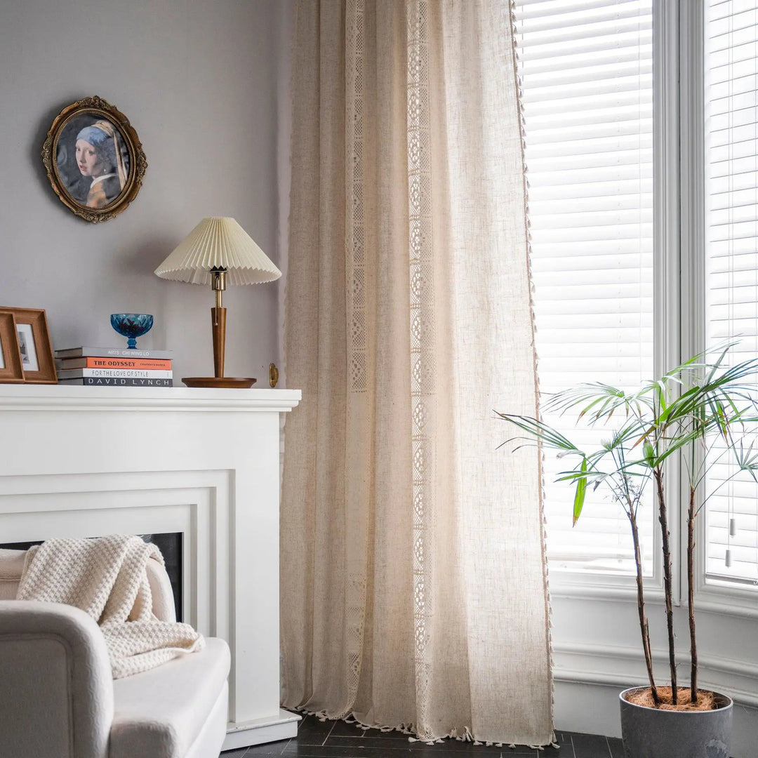 Rynx Linen Blend Jute Lace Curtains Street Bag Shade Curtain Fringe for Kitchen Bedroom Living Room Bay Window Cabinet Curtain