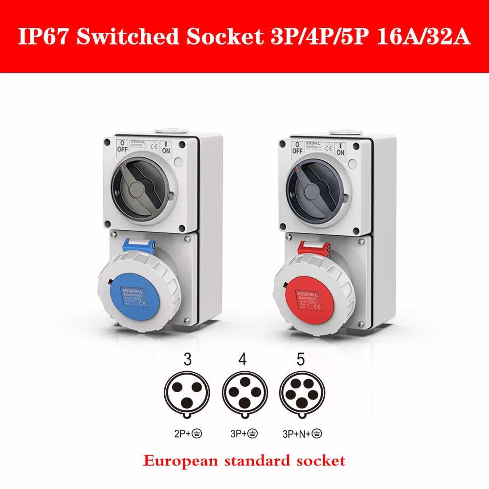 Lisslune | Robust durable waterproof 32A CEE combination socket with circuit protection and switch control