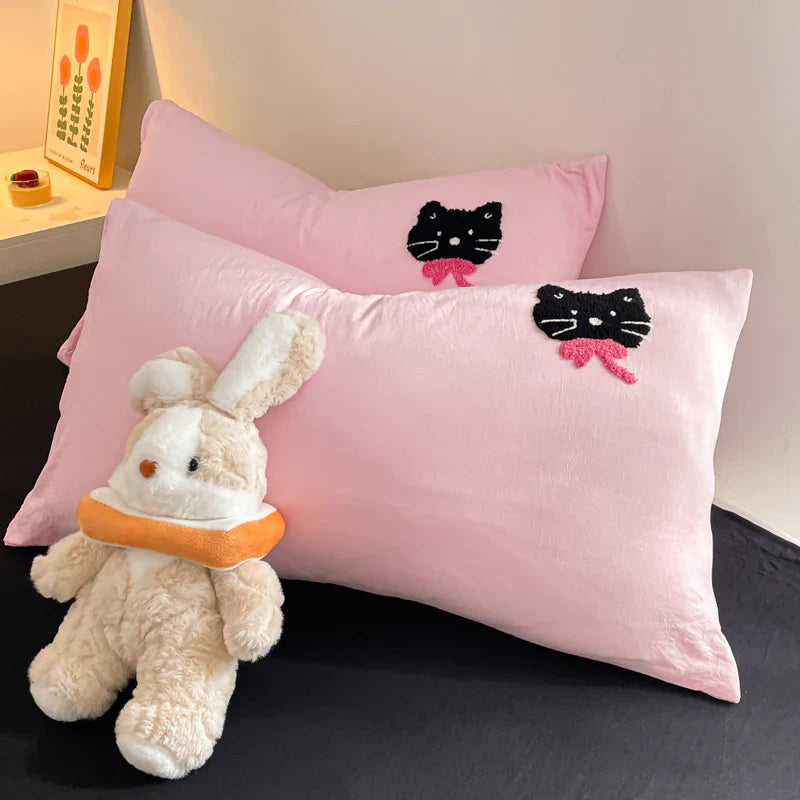 Rynx | Korean Style Pink Bedding Set Black Cat Embroidery Washed Cotton Duvet Cover Cute Cartoon Bedding Comforter Sets