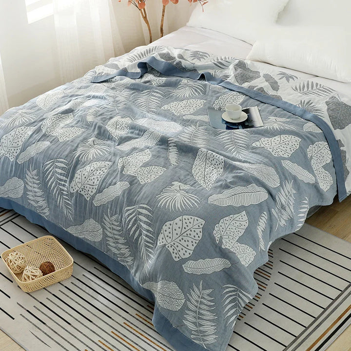 Rynx | Textile City Patterned Leaves Yellow Cotton Gauze Throw Blanket 5-Layer Gauze Towel Quilt Soft Comfortable Throw Blanket 200x230cm