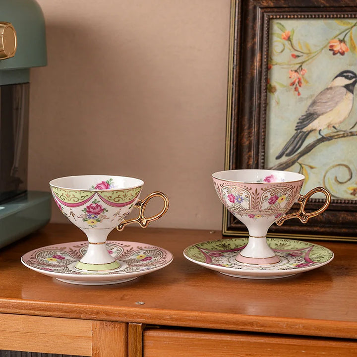 Rynx | Ceramic cup and saucer High coffee cup Palace Vintage Flower Handmade cup saucer set Golden handle Elegant drinking utensils