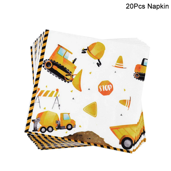Rynx Construction Party Disposable Tableware Kids Boys Engineering Vehicle Theme Birthday Party Decorations Truck Balloon Supplies