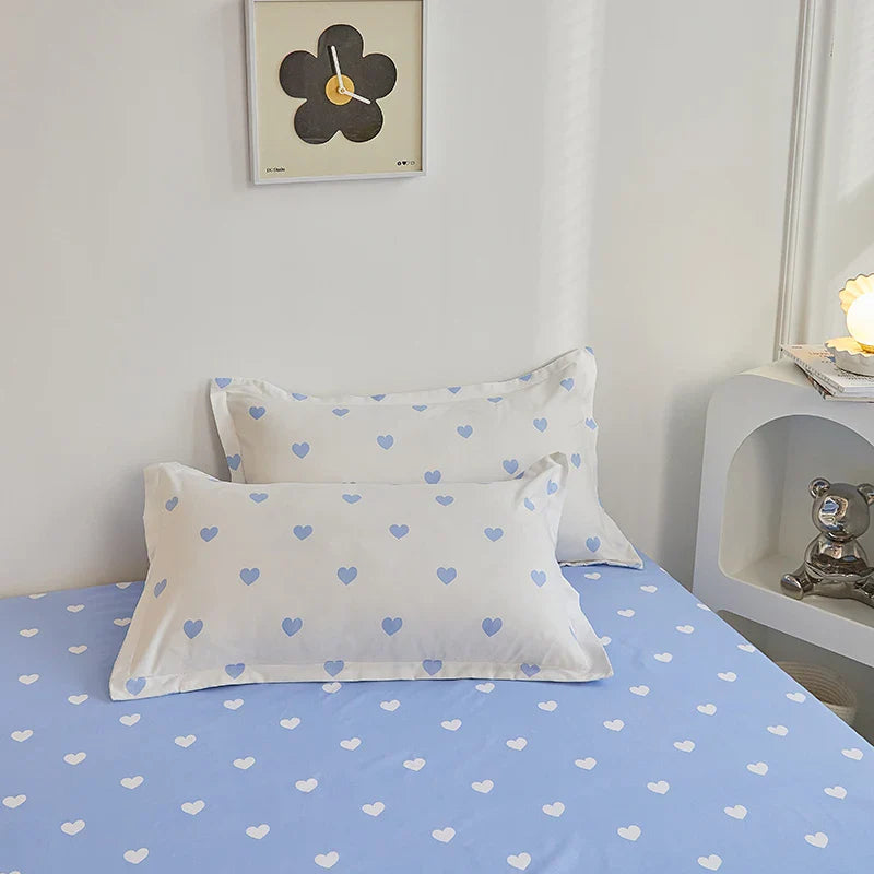 Rynx | Blue White Heart Duvet Cover Set INS Flat Sheet Pillowcase Floral Girls Adults Bedding Single Twin Queen Size Home Bed Linen