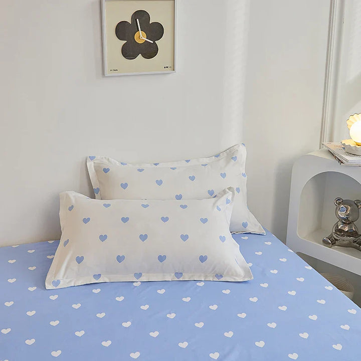 Rynx | Blue White Heart Duvet Cover Set INS Flat Sheet Pillowcase Floral Girls Adults Bedding Single Twin Queen Size Home Bed Linen