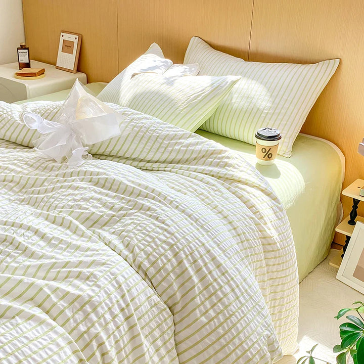 Rynx | Green striped duvet cover pillowcase and solid colored sheets in bedding set adult girl's bedding washed cotton bedding