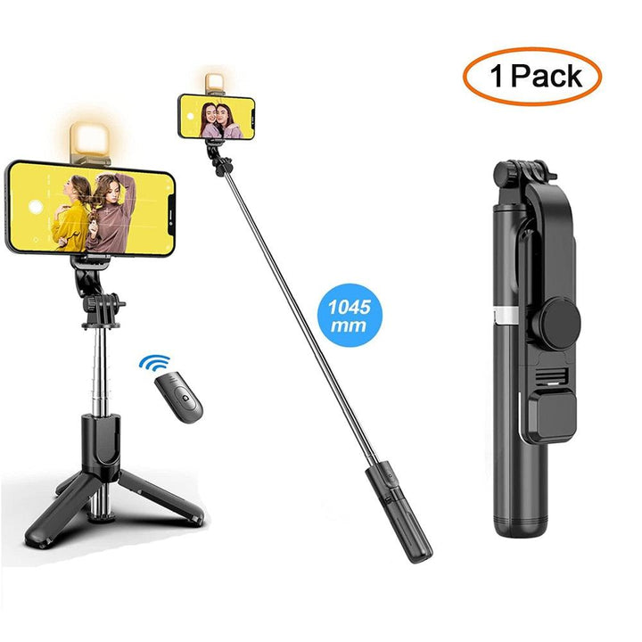 Lisslune | Versatile wireless tripod selfie stick with Bluetooth remote control, 360° rotation and built-in fill light - Compatible with Android and iOS