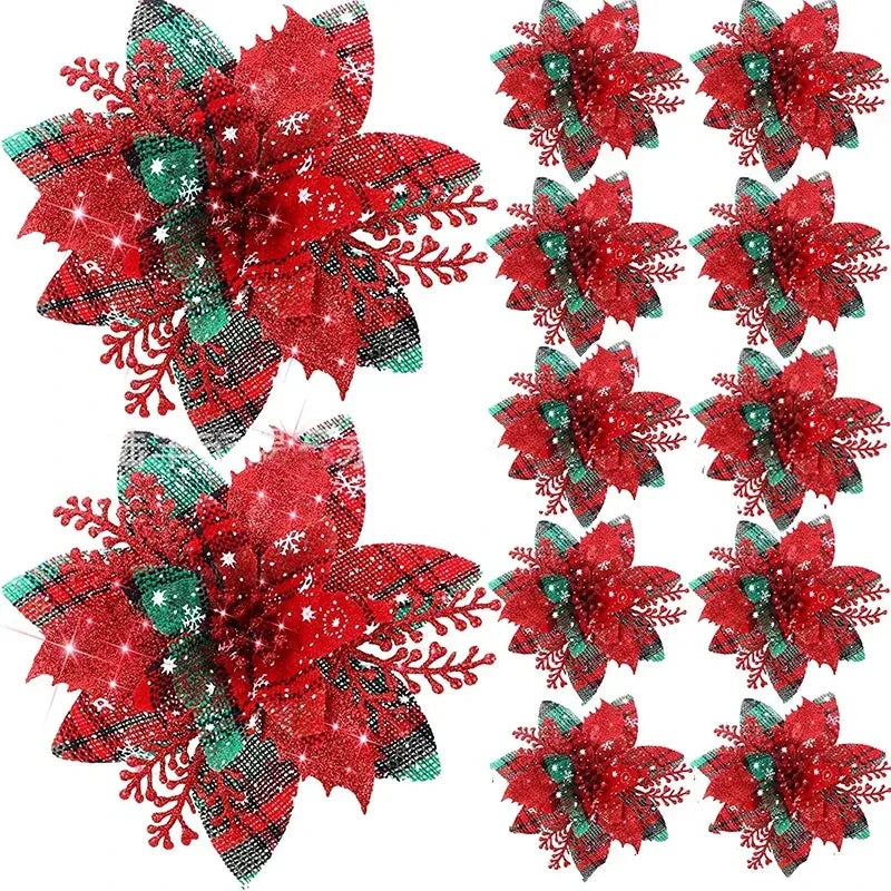 Rynx 5/10pcs Glitter Pink Christmas Flowers Xmas Tree 14cm Artificial Flowers Ornaments 2024 Christmas Decoration For Home New Year