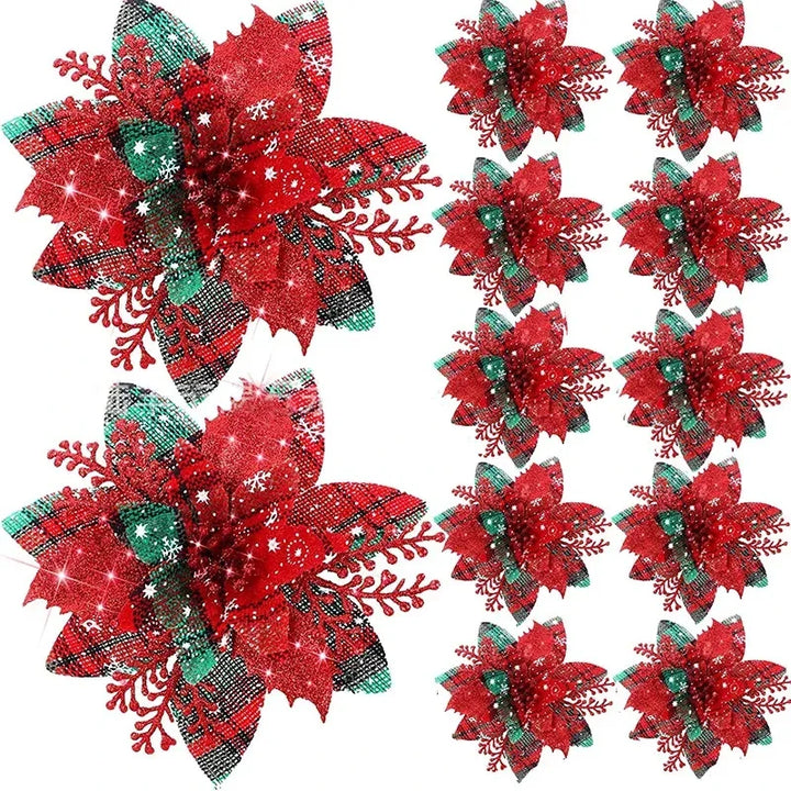 Rynx 5/10pcs Glitter Pink Christmas Flowers Xmas Tree 14cm Artificial Flowers Ornaments 2024 Christmas Decoration For Home New Year