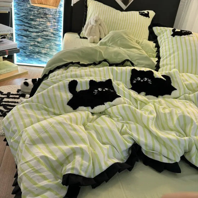 Rynx | Korean Style Bedding Set Green Stripes Black Cat Embroidery Washed Cotton Duvet Cover Cute Cartoon Bedding Blanket Set