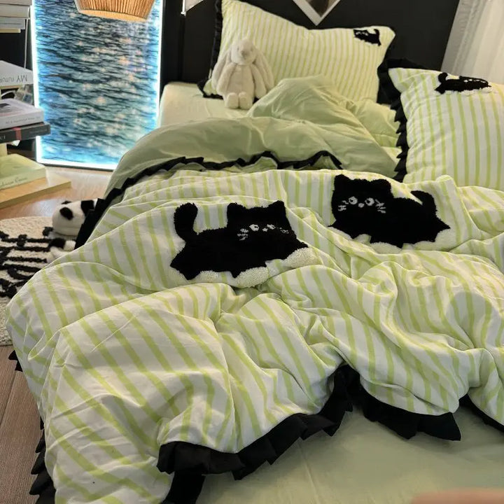 Rynx | Korean Style Bedding Set Green Stripes Black Cat Embroidery Washed Cotton Duvet Cover Cute Cartoon Bedding Blanket Set