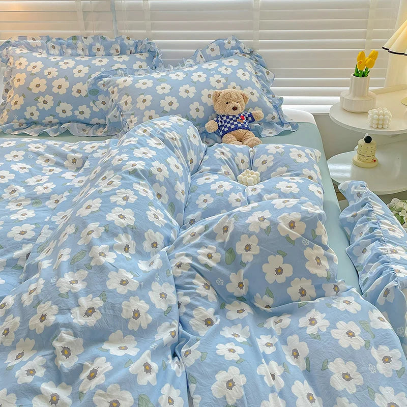 Rynx | Pastoral Girl Bedding Sets Soft Washed Cotton Bedding Princess Comforter Sheets Simple White Flower Bedspread Home Textiles