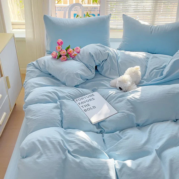 Rynx | Girls Blue Duvet Cover Set Twin Full Queen Size Soft Bed Sheet Pillowcase Bedding Princess Style Solid Color INS Bedding