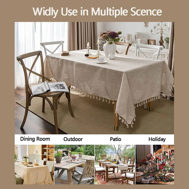 Lisslune | 2023 Cotton-Linen Tablecloth with Tassels, Rectangular Tablecloth for Dining Table, Coffee-Tea Tablecloths, Wedding Easter Decoration