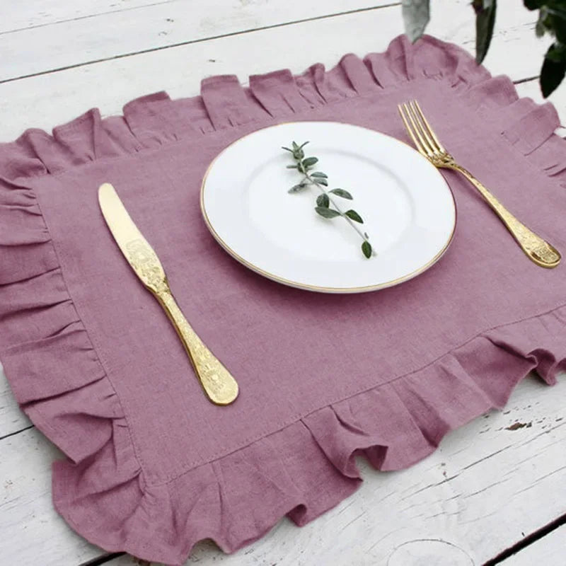Rynx 4PCS 100% Linen Ruffle Place Mats, Elegant Napkin Fabrics, Event Design Wedding Dinner Table Dinner Party Decor