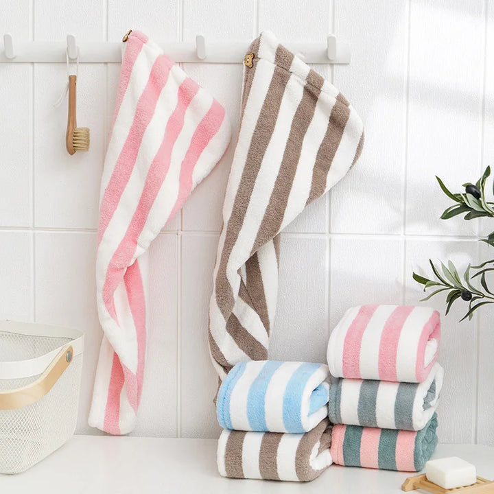 Rynx Microfiber Hair Towel Wrap Thickened Coral Velvet Cationic Dry Hair Cap Water Absorption and Quick Drying Striped Shower Cap