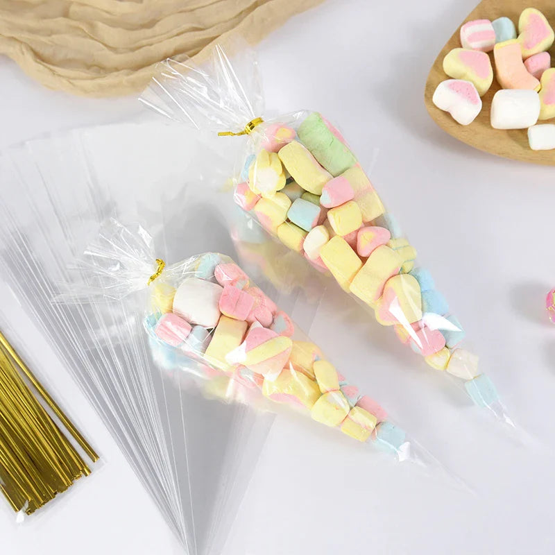Rynx 50 pcs Transparent Candy Popcorn Packaging Bags Plastic Cellophane Cookie Gift Bags Wedding Birthday Parties Christmas Supplies