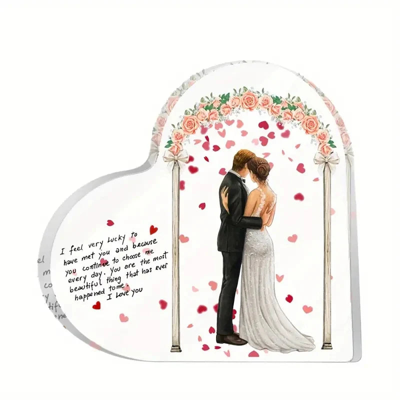 Rynx | Woman Husband Flower Pattern Acrylic Heart Plate Wedding Anniversary Gift for Loved One Living Room Memory Table Decoration