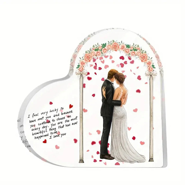 Rynx | Woman Husband Flower Pattern Acrylic Heart Plate Wedding Anniversary Gift for Loved One Living Room Memory Table Decoration