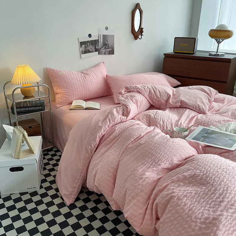 Rynx | INS Solid Color Bedding Comforter Sets Duvet Cover Bed Sheet Set Pillowcases Bedding Linens Set Queen/King Bed bedspreads