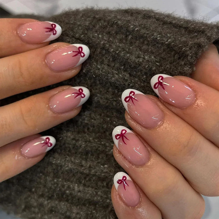 Rynx | Red Love Heart French Sweet Nail Art Nude Pink Artificial Nails Removable Finished Fingernails Valentine's Day Gift Press-on Nails With Glue