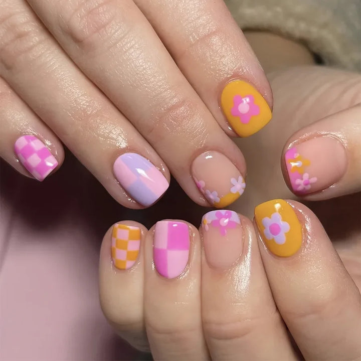 Rynx | 24 Piece Square Press-on Nails Set with Pink Flower Patterns Full Coverage Acrylic Nail Tips Glue for Stylish Women/Girls