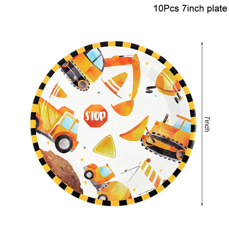 Rynx Construction Party Disposable Tableware Kids Boys Engineering Vehicle Theme Birthday Party Decorations Truck Balloon Supplies