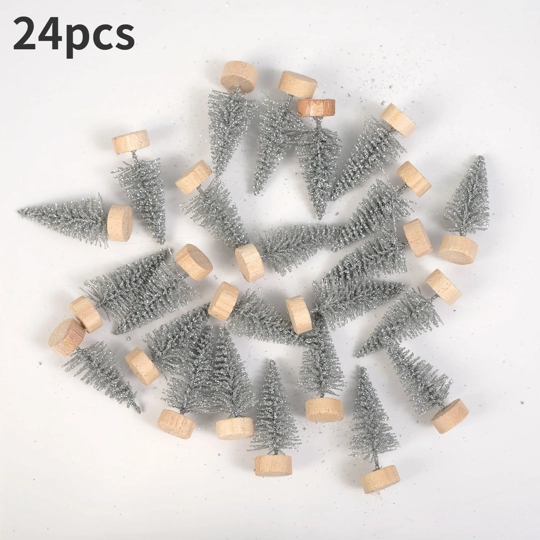 Rynx | 24 pieces, Mini Christmas sisal snow frost tree with wooden bottle brush - Perfect desktop tree for Christmas party and home decor