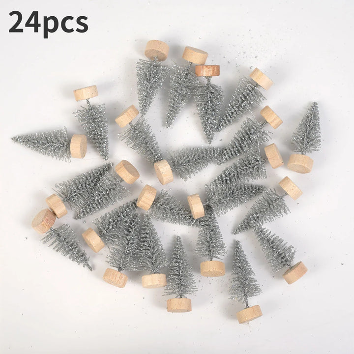 Rynx | 24 pieces, Mini Christmas sisal snow frost tree with wooden bottle brush - Perfect desktop tree for Christmas party and home decor
