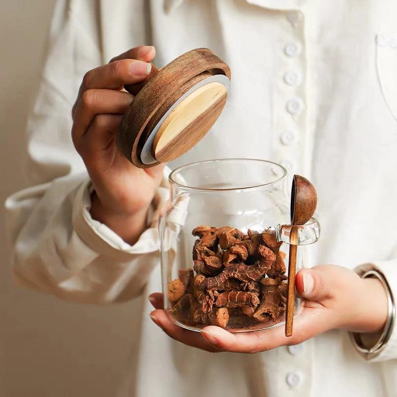 Lisslune | Elegant glass storage jar with acacia wood lid and spoon for coffee and spices