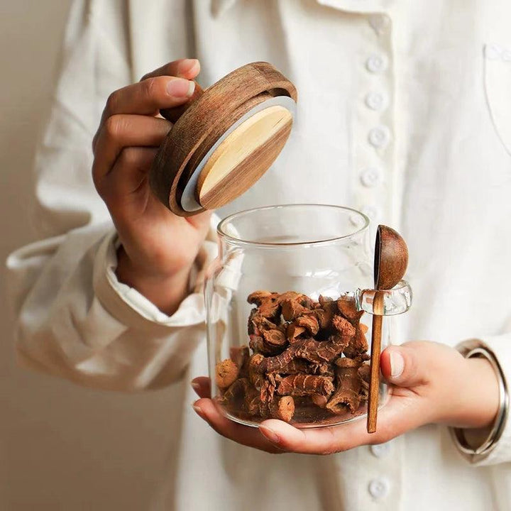 Lisslune | Elegant glass storage jar with acacia wood lid and spoon for coffee and spices